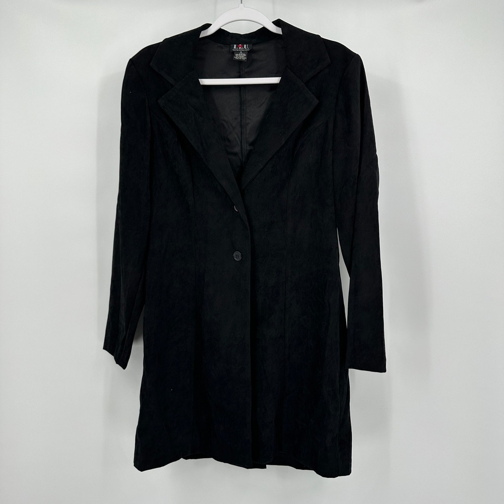 ILU Womens‎ Minimalist Faux Suede Jacket Size 5 Black Longline Chic Vintage